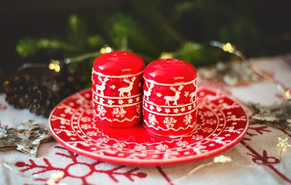 Snowflakes, red, the dark background, holiday, new year, deer, lights, Christmas
