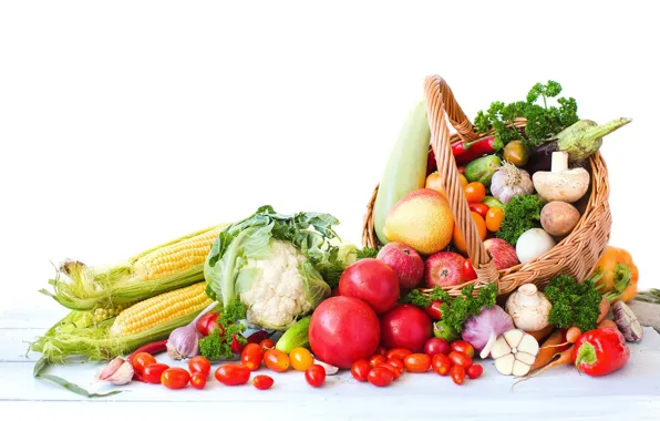 Picture basket, apples, mushrooms, corn, vegetables, tomatoes