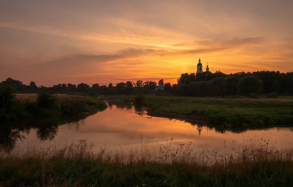 The sky, grass, clouds, sunset, river, shore, village, Church