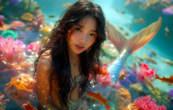 Picture Fish, Girl, Look, Mermaid, Hair, Underwater world, Tail, Digital art