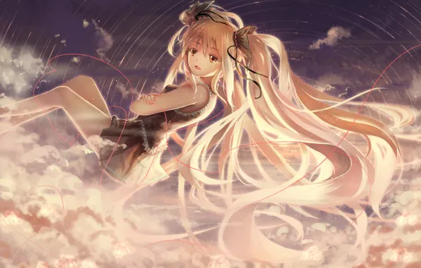 Picture the sky, girl, clouds, tears, art, vocaloid, hatsune miku, thread