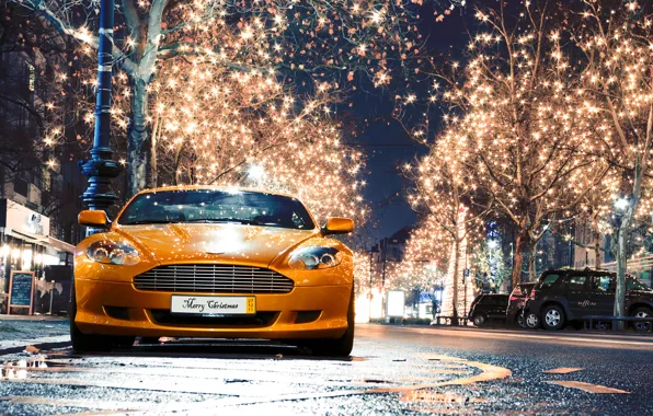 Night, the city, lights, Aston Martin, DB9, aston martin