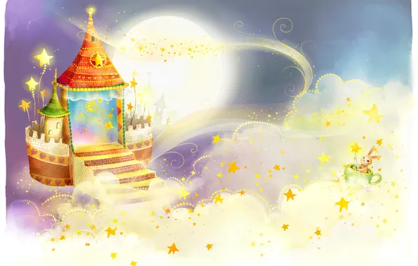 Stars, clouds, castle, pattern, the moon, ladder, mug, baby Wallpaper