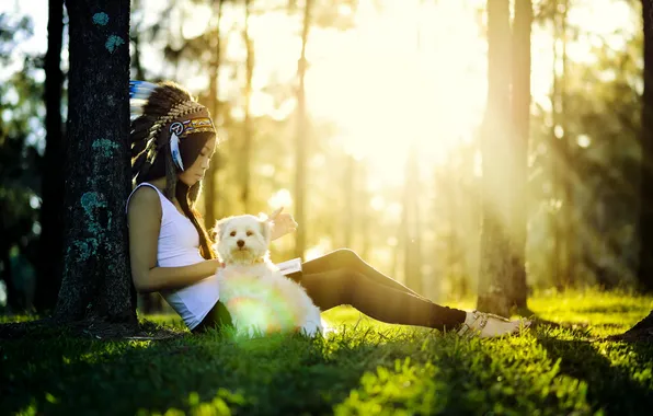 Picture girl, light, mood, dog