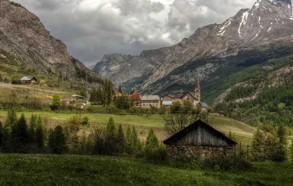 Grass, clouds, trees, mountains, France, valley, Alps, hdr
