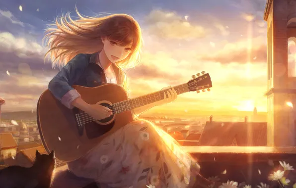 Picture cat, girl, the sun, flowers, the city, guitar, by romiy