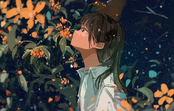 Flowers, girl, the bushes
