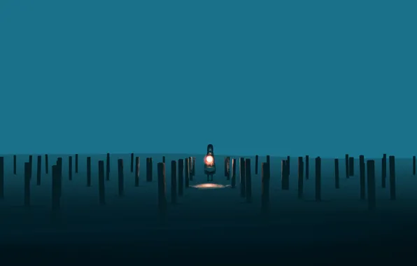 Girl, lantern, twilight, columns
