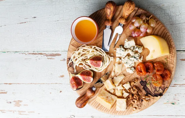 Background, Board, cheese, walnut, grapes, knife, Cup, Board