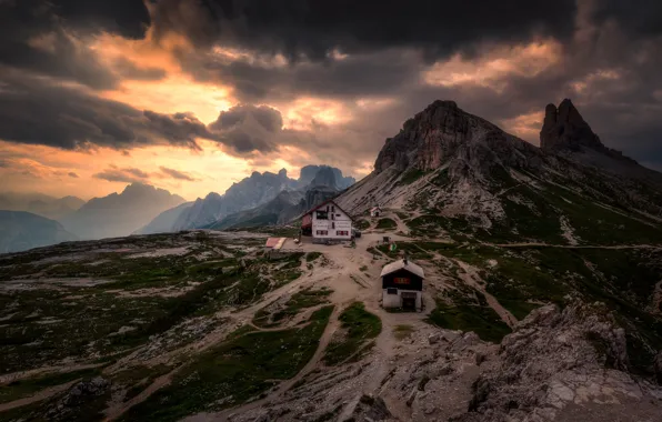 Clouds, sunset, mountains, the evening, The Dolomites