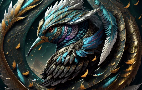 Look, bird, portrait, round, feathers, beak, fantasy, art