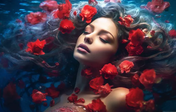 Girl, flowers, face, image, digital art, AI art, neural network, the art of artificial intelligence