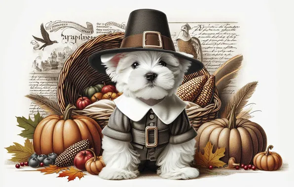 Autumn, dog, hat, pumpkin, puppy, white background, Halloween, AI art