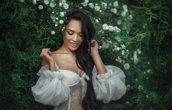 Flowers, branches, pose, model, portrait, makeup, garden, dress