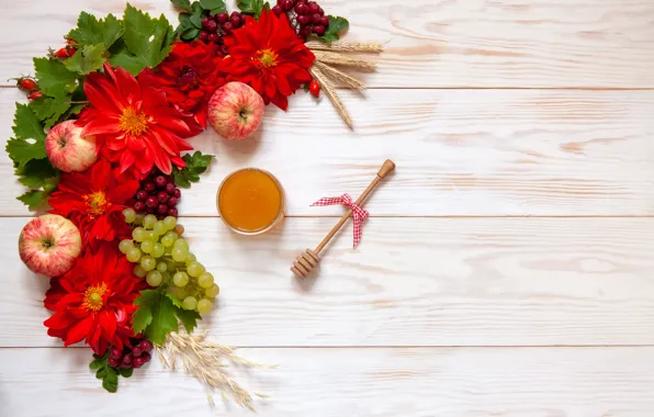 Flowers, apples, honey, grapes, bunch, Ellygri