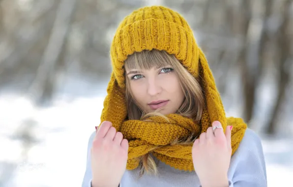 Picture winter, look, girl, face, hat, portrait, bokeh, Christina