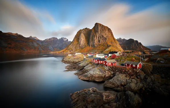 Autumn, the sky, clouds, mountains, stones, rocks, blue, shore