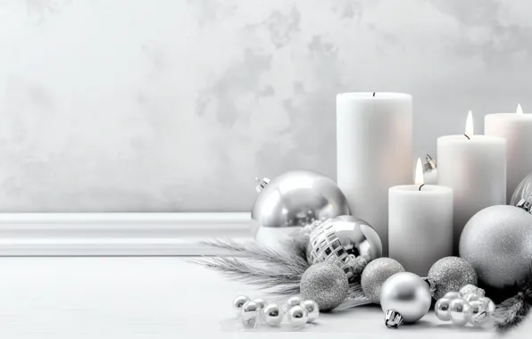 Balls, wall, silver, Shine, candles, Christmas, white background, New year