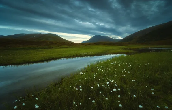 Landscape, clouds, nature, stream, hills, grass, The Arctic, Rev Alex