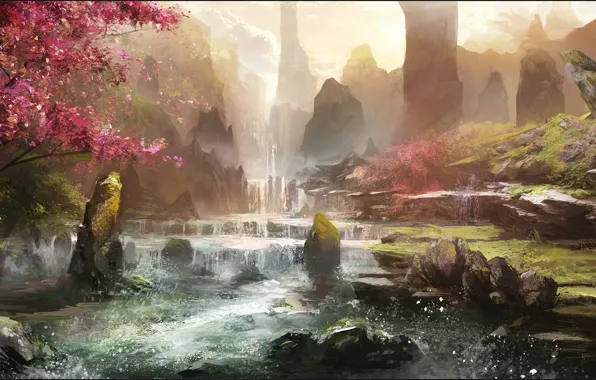 Trees, river, stones, art, painted landscape
