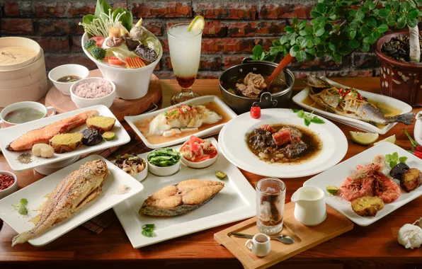 Fish, vegetables, shrimp, seafood, meals, cuts