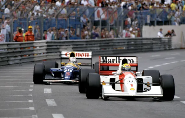 Picture Ayrton Senna, Nigel Mansell, McLaren MP4/7, Williams FW14B, GP Monaco, Season 1992