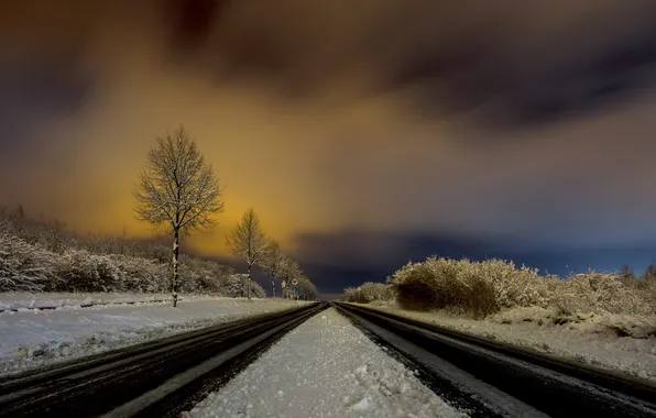 Winter, road, night