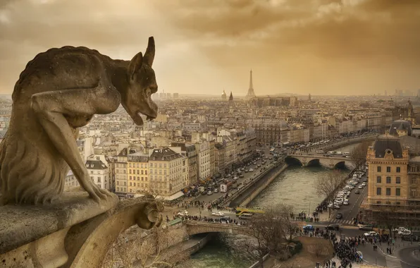 The city, France, architecture, Notre Dame de Paris, gargoyle, panorama