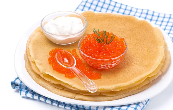 Pancakes, caviar, red caviar, sour cream