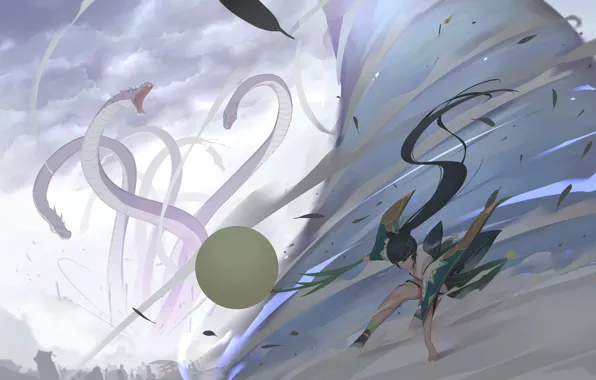 Girl, weapons, monster, anime, art