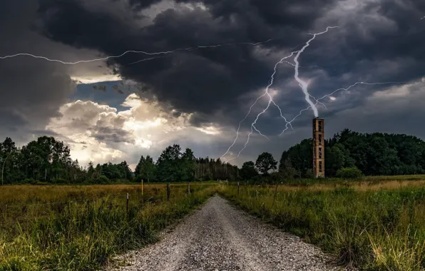 Road, clouds, lightning