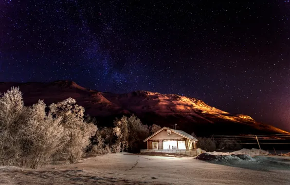 Picture winter, the sky, stars, light, snow, trees, mountains, night