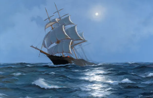 Sea, oil, sailboat, James Brereton, «Rising Wind. Clipper Lak Loo»
