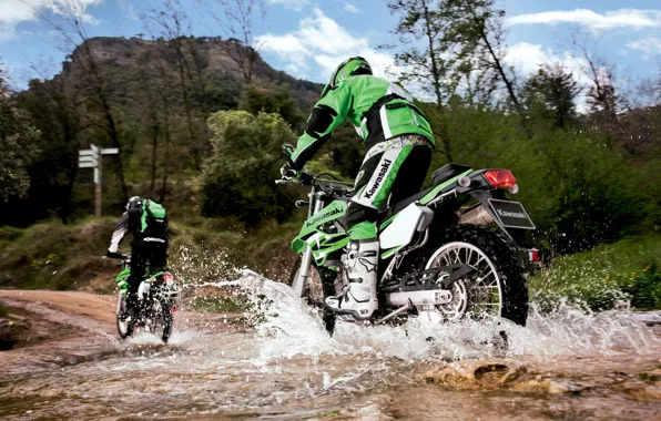 Picture road, forest, squirt, stream, Moto, stories, kawasaki