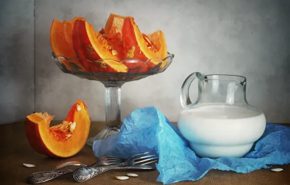 Paper, table, milk, pumpkin, pitcher, still life, seeds, slices
