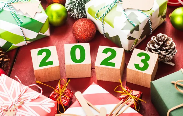 Balls, cubes, Board, rope, figures, gifts, New year, bows