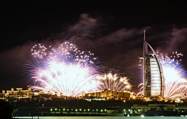 Night, city, the city, lights, fireworks, the hotel, Dubai, burj al arab