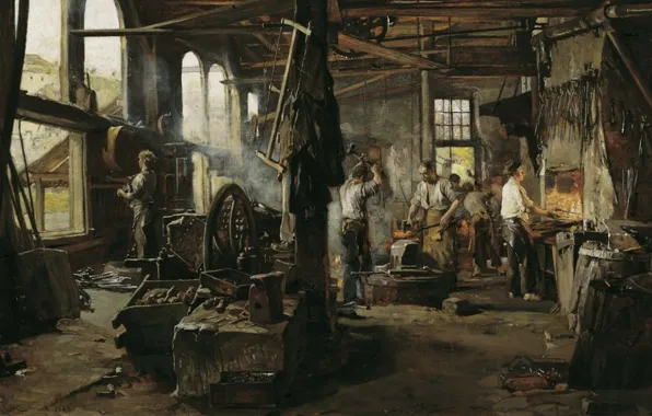 Picture, painting, painting, 1883, Hugo Charlemont, Interior of a Hammer Mill, Forge