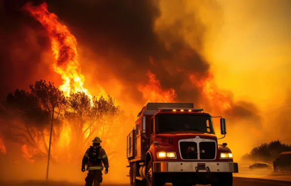 Smoke, Fire, Machine, Fire, Truck, Fire, Digital art, Fire truck