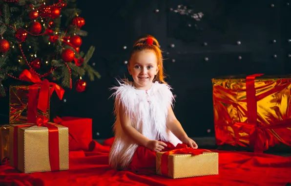 Balls, smile, the dark background, room, child, Christmas, girl, gifts
