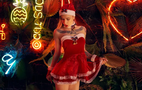 Girl, pose, neon, dress, tattoo, blonde, New year, maiden
