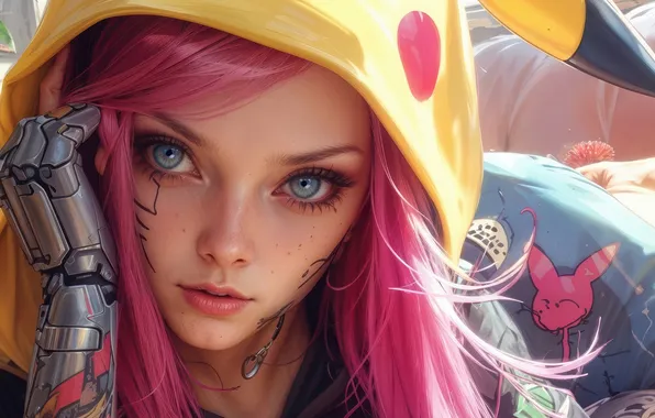 Anime, Hoodie, Pikachu, Cyberpunk, Pink Hair, Anime Girl, AI Art, AI Generated