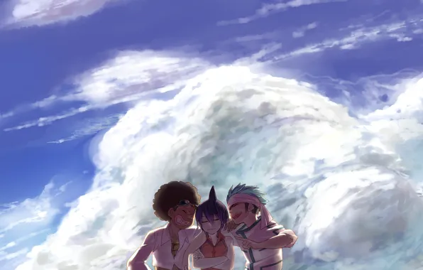 Picture the sky, clouds, anime, art, guys, friends, horohoro, shaman king