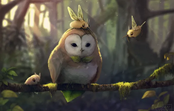 Picture tree, owl, wings, branch, art, collab, creatures