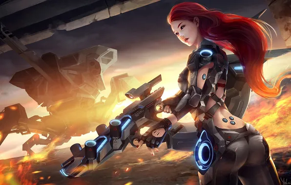 Fire, robot, Girl, costume, rifle, implants