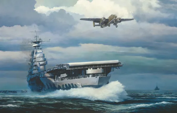 War, art, airplane, painting, aviation, carrier, b 25