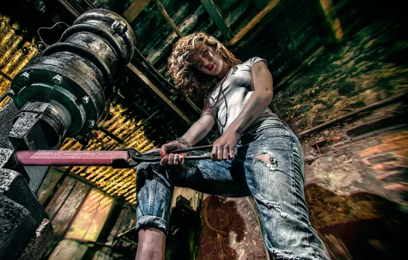 Girl, work, jeans, forge, mites