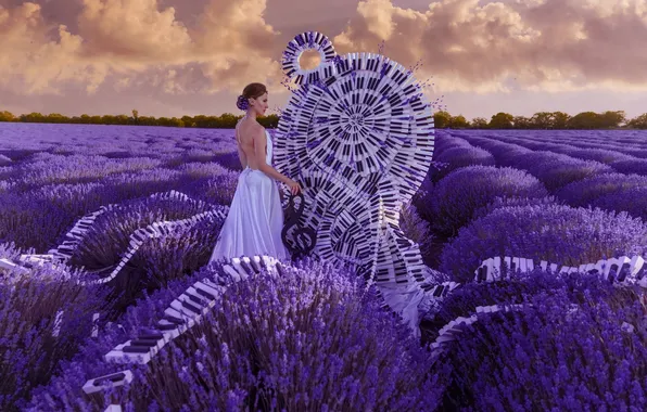 Summer, girl, nature, style, music, keys, white dress, lavender