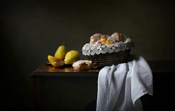 Style, retro, the dark background, table, food, towel, yellow, bread