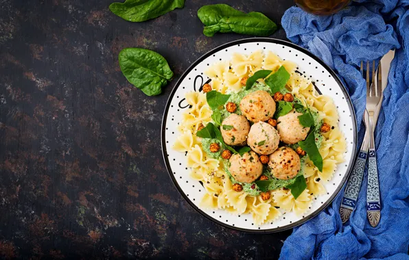 Greens, dish, pasta, meatballs